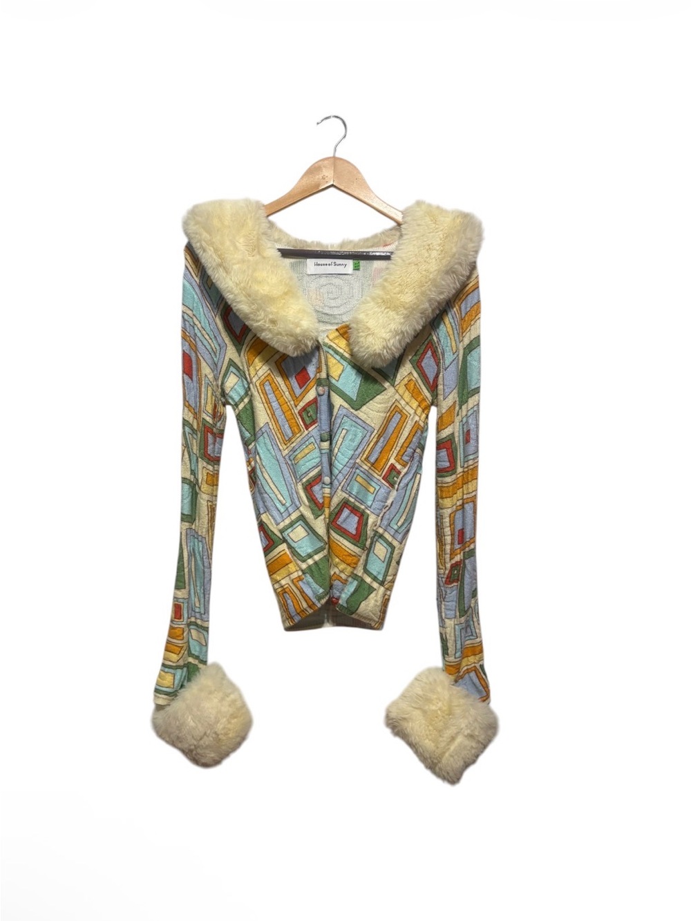 Whimsical Geometric Faux-Fur Trim Cardigan Jacket - Pastel Multi